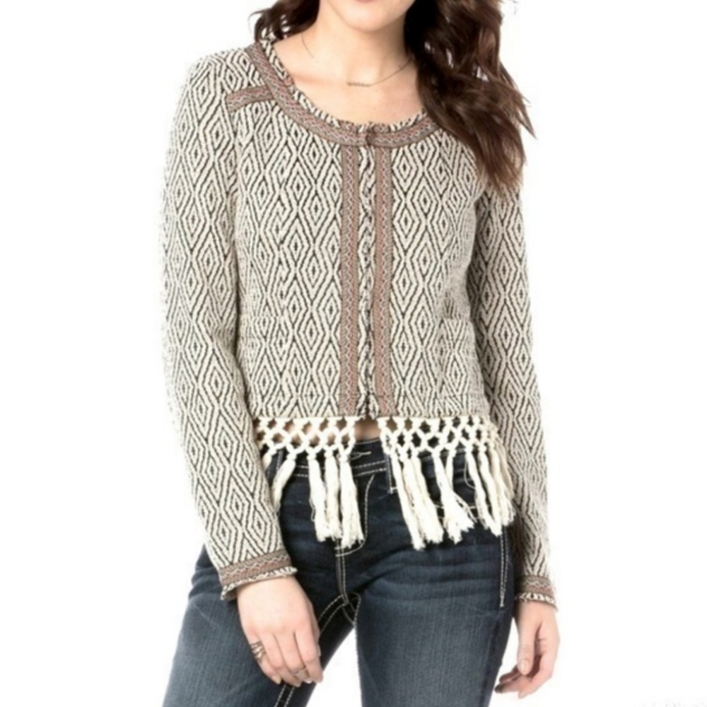 Miss Me Western Boho Fringe Jacket Womens S Tan Black Geometric Retro 90s